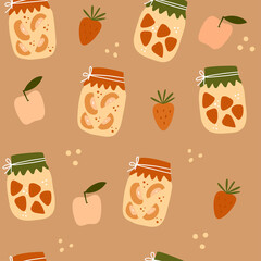 Seamless pattern with collection of glass jars with homemade canning. Autumn marinate food. Healthy meal set. Hand drawn vector illustration.