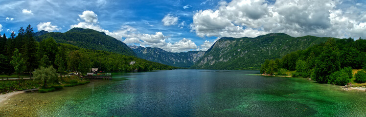 Lake Bohinj the most famous lake in Slovenia Europe in Julian Alps Triglav National Park nice cloudy weather