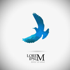 Flying blue bird. Mixed media. Vector illustration