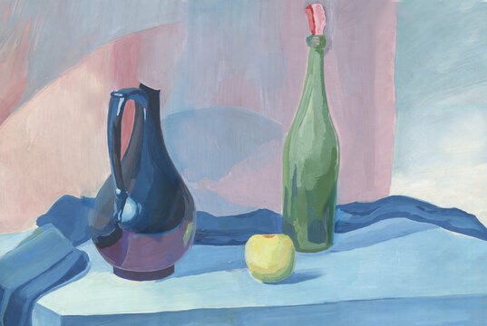still life with blue vase and green bottle painting 