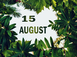 August 15, 15th day of month. Composition of natural green leaves with paper card. Summer month....