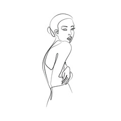 Woman abstract portrait, continuous line drawing, small tattoo, print for clothes and logo design, emblem or logo design, silhouette one single line on a white background, isolated vector illustration