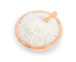 Fototapeta na wymiar White rice (Thai Jasmine rice) with wooden spoon in wooden bowl on white background