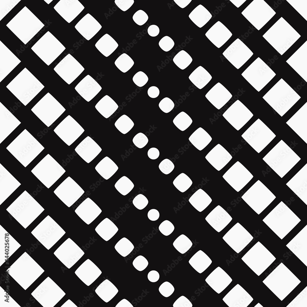 Poster gradient from squares to circles. vector diagonal shapes stripes on black background.