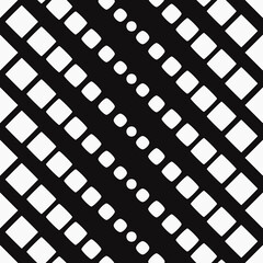 Gradient from squares to circles. Vector diagonal shapes stripes on black background.