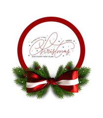Christmas banner with bow and christmas tree branches. Holiday sale banner. Vector christmas template