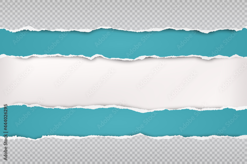 Poster torn, ripped turquoise and squared paper strips with soft shadow are on white background for text. v