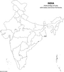 Political map of India with states and union territories outline