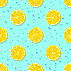 Lemon slices and water drops seamless pattern. Cartoon style. Summer vector illustration.