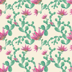 Seamless background from blooming cacti. The template can be used for gift box designs, social media, branding, textiles, websites