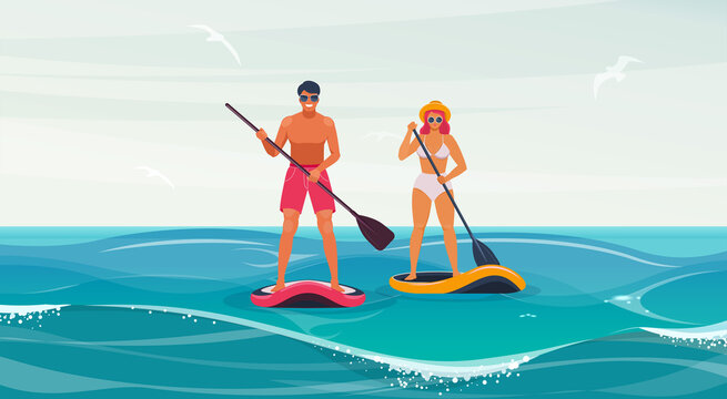 Man and woman stand on a board with a paddle on the water. Young couple are doing watersport. Vector illustration