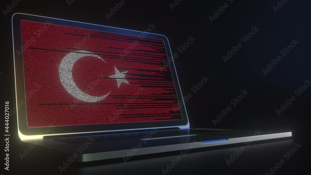 Poster flag of turkey made with computer code on the laptop screen. hacking or cybersecurity related 3d ani