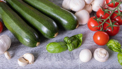 vegetables- zucchini, garlic, tomatoes, basil and mushrooms