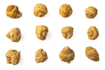 Dried yellow Maca root isolated on white, top view