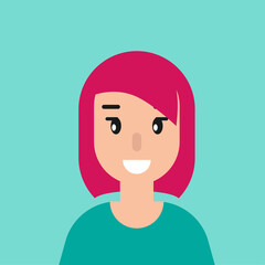 smiling girl avatar. cute smiling woman with pink hair. flat icon on blue background.