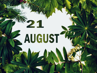 August 21, 21st day of month. Composition of natural green leaves with paper card. Summer month. Concept of Day of Year