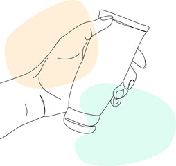 Minimalistic line-art, picture of a hand holding the cream tube (cosmetics and beauty treatments).