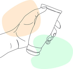 Minimalistic vector line-art, picture of a hand holding the cream tube (cosmetics and beauty treatments).