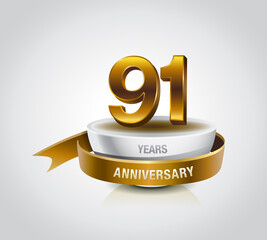 91 years golden anniversary logo celebration with ring and ribbon. - obrazy, fototapety, plakaty