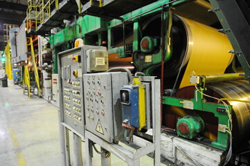 Almaty, Kazakhstan - 07.01.2016 : Technical equipment in the waste paper processing hall at the cardboard factory.