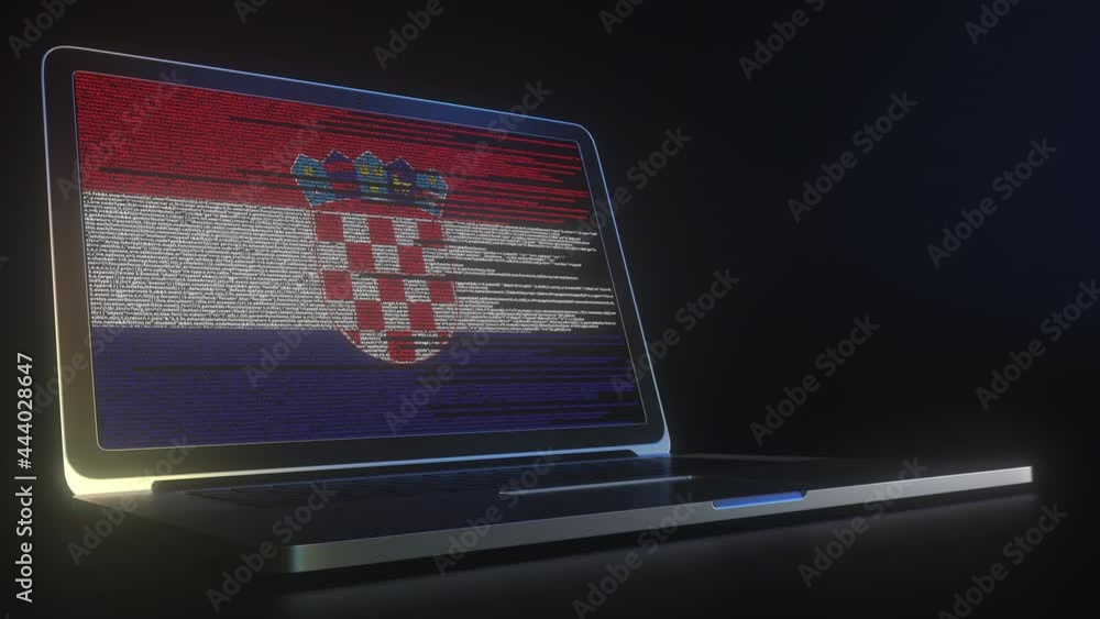 Poster laptop and source code on the screen composing flag of croatia. national information technology rela