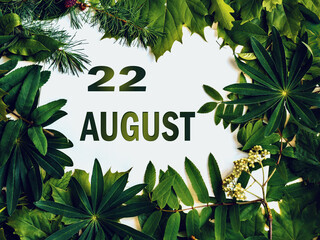 August 22, 22nd day of month. Composition of natural green leaves with paper card. Summer month. Concept of Day of Year
