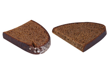 Two pieces of black bread on an isolated white background