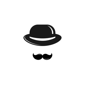 Gentleman icon isolated on white background. Silhouette of man's head with big moustache and bowler hat.