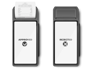 Payment by card, Mockup template of bank payment terminal. With Receipt Closeup Isolated. A purchase contactless or wireless manner.