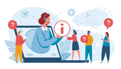 Customer service. Online technical support specialist consulting clients. Virtual personal assistant, call center operator vector concept. Users asking questions, worker providing information