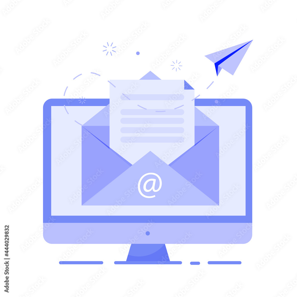 Poster the concept of opening a message with an email document on a computer. vector flat illustration of e