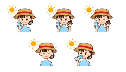 Fototapeta premium 熱中症対策をする女性のイラスト