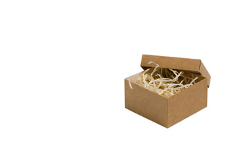 Square craft box with wood filler, isolated on white background. The concept of choosing a gift and preparing for the holiday