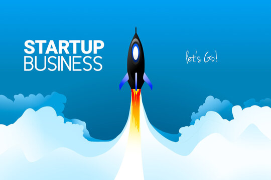 Illustration of a rocket launch and the word startup business