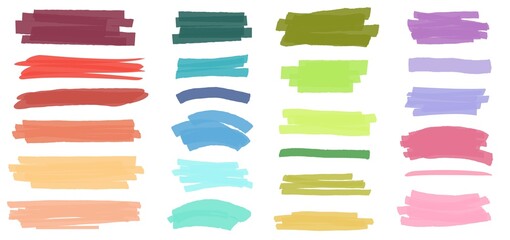 Marker lines. Color ink pen brush strokes, underlines. Colorful highlight markers hand drawn stripes scribble line element vector set. Permanent paint borders. Doodle brushstrokes isolated on white