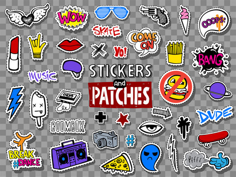 Vector set of teens stickers and patches in doodle style.