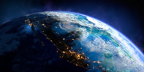 Planet Earth with exaggerated precise relief and volumetric atmosphere. Day-night transition. North America. Mexico. USA. 3D rendering. Elements of this image furnished by NASA