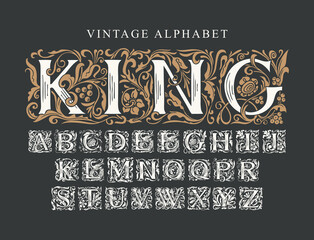 The word KING. Luxury design of ornate royal typeface for monogram, card, invitation, logo, label, signboard. Vintage Alphabet. Vector set of hand-drawn initial alphabet letters on a black background - obrazy, fototapety, plakaty