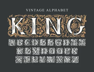 Fotobehang The word KING. Luxury design of ornate royal typeface for monogram, card, invitation, logo, label, signboard. Vintage Alphabet. Vector set of hand-drawn initial alphabet letters on a black background © paseven