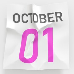 October 1 date on crumpled paper page of a calendar, 3d rendering