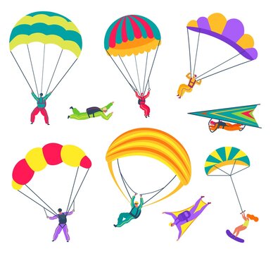Skydivers. People with parachutes flying in sky. Professional paragliders, skydivers in wingsuits. Extreme sports activities vector set. Man and woman having active recreation for adrenaline