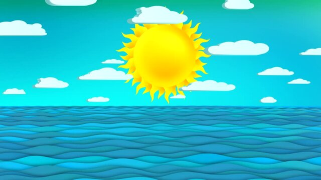 Cartoon moving clouds animation with sea and sun 1 minute 30 fps loop. Blue sky. Good for any project, especially business style background. Perspective different sizes and speed. 
