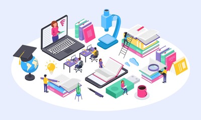 Online education concept. University students studying at home using computer. Isometric online courses, virtual learning vector illustration. Characters doing research, reading and brainstorming