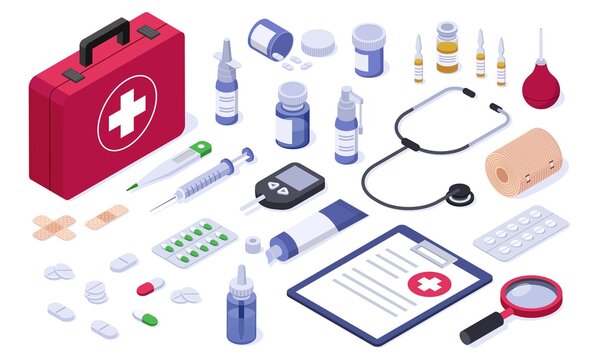 Isometric first aid kit. Healthcare medical equipment bandage, tablet, pill, syringe, spray, stethoscope. Online pharmacy medication vector set. Urgency treatment, tools for accident