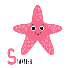 Starfish with sign. Animal alphabet. S letter learning. Cartoon style. Vector isolated on white background.