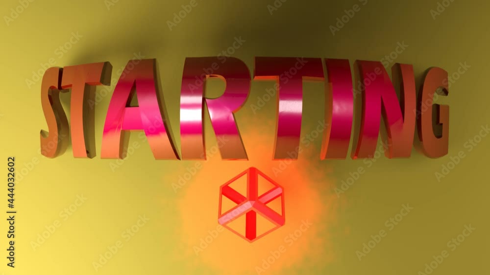 Poster starting red metallic write on yellow shiny background, with a rotating wireframe red lighted cube -