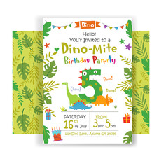 Holiday birthday invitation to Dino party with funny cartoon dinosaurs and design elements. Vector illustration