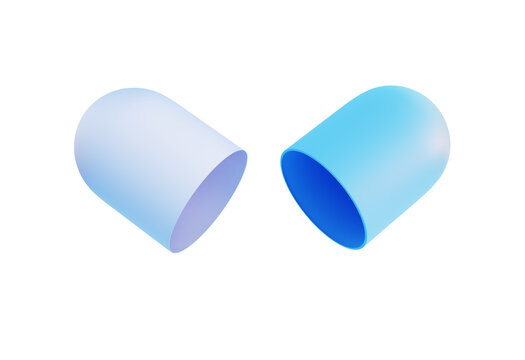 Opened white and blue color capsule pill isolated on white background. Element design for medical or pharmaceutics concept, 3d render