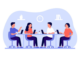 Group business employee people work together in office. People sitting at common table and communicate using laptop. Workplace company. Vector flat illustration