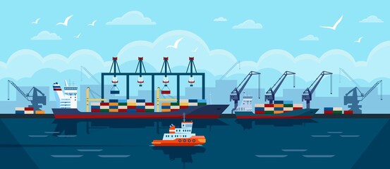 Cargo ship in seaport. Industrial freight vessel with shipping containers docked at port. Sea transportation industry vector illustration. Export and import business and commercial shipment